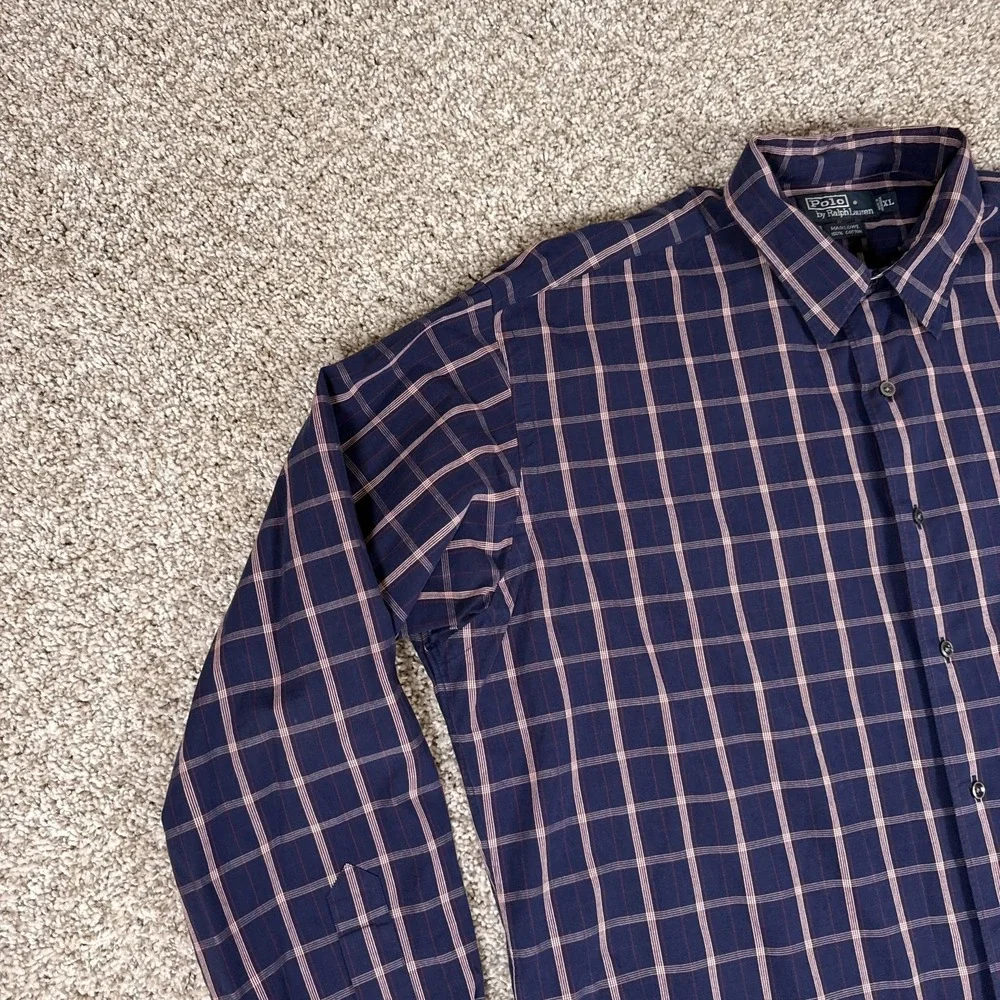Polo Ralph Lauren Shirt Mens XL Navy Plaid Marlowe 100% Cotton Button Up Classic